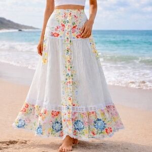 Charo Ruiz White Floral Garden Multi Colored Maxi/Midi Skirt, Cotton, NWT size M